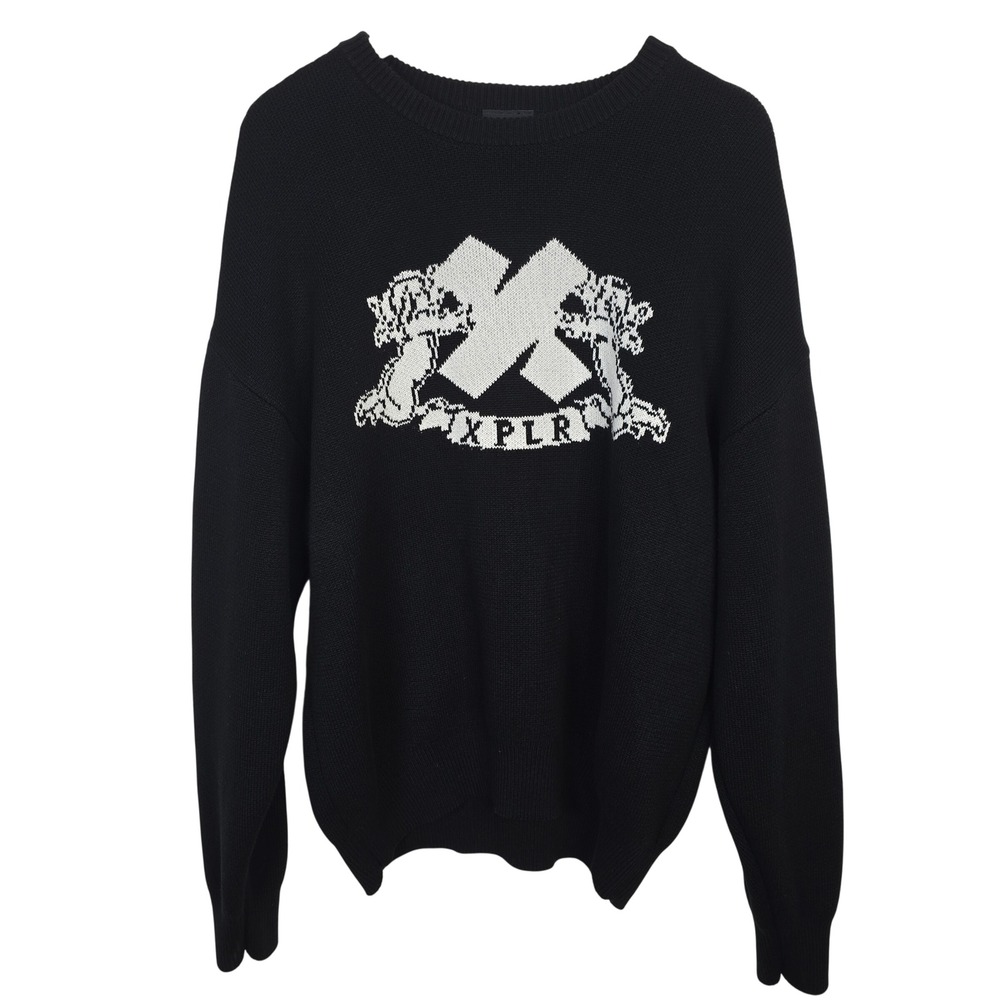 XPLR Sam and Colby Mens Large Black Graphic Crest Knit Pullover Sweater